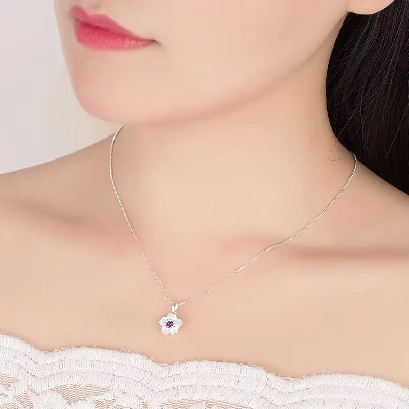 925 Sterling Silver Pink Purple Peach Blossom Necklaces for Women Retro Luxury Jewelry Accessories Freeshiping Items Jewellery